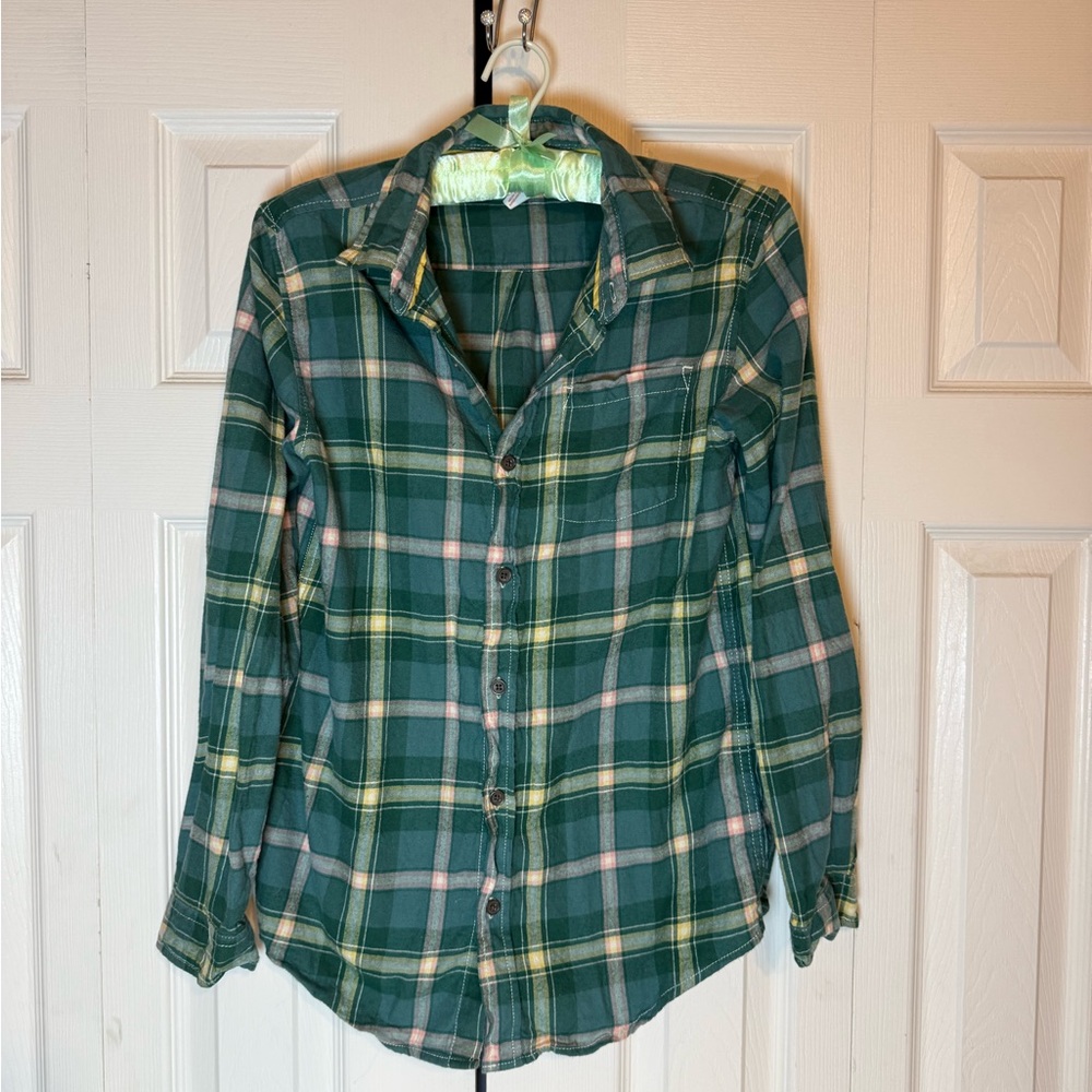Cat & Jack Teal Plaid Shirt with Yellow and Pink